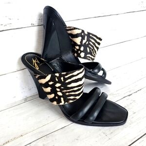 Vintage J Vincent Zebra Fur Black Leather Slip on Strappy Heels Sandals Size 9M